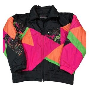 Vtg 90's Snuggler Mosaic Jacket Med Geometric Neon Pink Paint Splatter Ski Wear